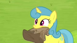 Size: 1280x720 | Tagged: safe, screencap, character:lemon hearts, species:pony, species:unicorn, episode:trade ya, g4, my little pony: friendship is magic, mouth hold, paper bag