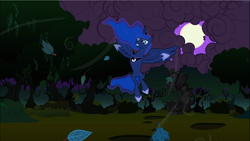 Size: 1669x938 | Tagged: safe, screencap, character:princess luna, species:alicorn, species:pony, episode:luna eclipsed, g4, my little pony: friendship is magic, cloud, ethereal mane, everfree forest, female, flying, galaxy mane, mare, moon, pose, solo, spread wings, storm, weather control, wind, wings