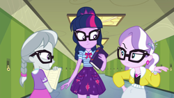 Size: 1920x1080 | Tagged: safe, screencap, character:diamond tiara, character:silver spoon, character:twilight sparkle, character:twilight sparkle (scitwi), species:eqg human, episode:best trends forever, g4, my little pony:equestria girls, best trends forever: twilight sparkle, canterlot high, choose twilight sparkle, clothing, ear piercing, earring, female, geode of telekinesis, glasses, hallway, jacket, jewelry, lockers, magical geodes, necklace, piercing, ponytail, raised eyebrow