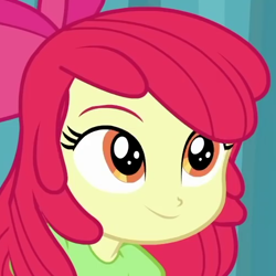 Size: 500x500 | Tagged: safe, screencap, character:apple bloom, episode:best in show: the pre-show, g4, my little pony:equestria girls, adorabloom, apple bloom's bow, bow, cropped, cute, female, hair bow, smiling, solo