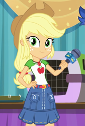 Size: 675x1000 | Tagged: safe, screencap, character:applejack, character:flash sentry, episode:best in show: the pre-show, g4, my little pony:equestria girls, applejack's hat, belt, clothing, cowboy hat, cropped, denim skirt, freckles, geode of super strength, hat, magical geodes, microphone, offscreen character, skirt, smiling, stetson