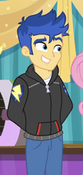 Size: 512x1077 | Tagged: safe, screencap, character:flash sentry, character:fluttershy, episode:best in show: the pre-show, g4, my little pony:equestria girls, arm behind back, clothing, cropped, hoodie, male, offscreen character, pants