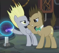 Size: 736x662 | Tagged: safe, screencap, character:derpy hooves, character:doctor whooves, character:time turner, species:earth pony, species:pegasus, species:pony, episode:slice of life, g4, my little pony: friendship is magic, bow tie, cropped, female, laboratory, male, mare, plasma ball, shipping fuel, stallion, static electricity, together