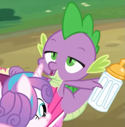 Size: 679x687 | Tagged: safe, screencap, character:princess flurry heart, character:spike, species:pony, episode:a flurry of emotions, g4, my little pony: friendship is magic, baby bottle, claws, cropped, male, not what it looks like, out of context