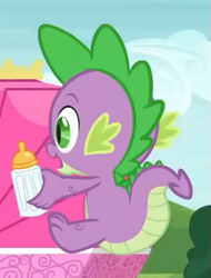 Size: 405x534 | Tagged: safe, screencap, character:spike, species:dragon, episode:a flurry of emotions, g4, my little pony: friendship is magic, baby bottle, claws, cropped, male, tail