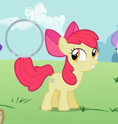 Size: 750x788 | Tagged: safe, screencap, character:apple bloom, species:earth pony, species:pony, episode:the cutie pox, g4, my little pony: friendship is magic, bow, cropped, excited, female, filly, hair bow, loop-de-hoop, prehensile tail, smiling, solo focus