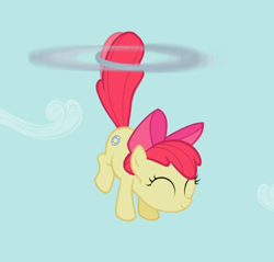 Size: 890x851 | Tagged: safe, screencap, character:apple bloom, species:earth pony, species:pony, episode:the cutie pox, g4, my little pony: friendship is magic, bow, cropped, excited, eyes closed, female, filly, flying, good trick, hair bow, happy, loop-de-hoop, smiling, solo, spinning