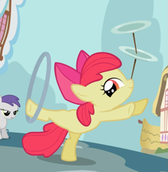 Size: 811x830 | Tagged: safe, screencap, character:apple bloom, character:tornado bolt, species:earth pony, species:pony, episode:the cutie pox, g4, my little pony: friendship is magic, cropped, female, filly, loop-de-hoop, plate spinning, raised leg, smiling, solo focus, standing, standing on one leg