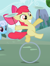 Size: 652x850 | Tagged: safe, screencap, character:apple bloom, character:linky, character:shoeshine, species:earth pony, species:pony, episode:the cutie pox, g4, my little pony: friendship is magic, adorabloom, bipedal, cropped, cute, female, filly, plate spinning, raised leg, smiling, solo focus, teeth