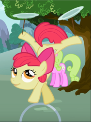 Size: 705x940 | Tagged: safe, screencap, character:apple bloom, character:daisy, species:earth pony, species:pony, episode:the cutie pox, g4, my little pony: friendship is magic, bow, cropped, female, filly, hair bow, loop-de-hoop, mare, plate spinning, smiling, solo focus, underhoof, upside down