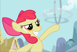 Size: 1379x938 | Tagged: safe, screencap, character:apple bloom, species:earth pony, species:pony, episode:the cutie pox, g4, my little pony: friendship is magic, bow, confident, cropped, female, filly, good trick, hair bow, holding, loop-de-hoop, smiling, solo, spinning, teeth