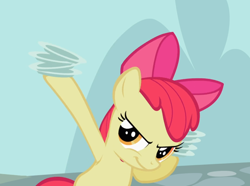 Size: 1200x895 | Tagged: safe, screencap, character:apple bloom, species:earth pony, species:pony, episode:the cutie pox, g4, my little pony: friendship is magic, bow, confident, cropped, female, filly, hair bow, holding, plates, smiling, smirk, solo