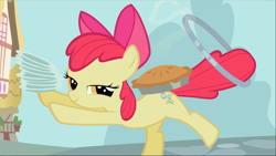 Size: 1667x940 | Tagged: safe, screencap, character:apple bloom, species:earth pony, species:pony, episode:the cutie pox, g4, my little pony: friendship is magic, female, filly, foal, food, loop-de-hoop, narrowed eyes, pie, plates, proud, smiling, solo