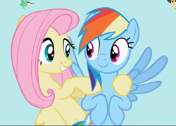 Size: 1064x762 | Tagged: safe, screencap, character:fluttershy, character:rainbow dash, species:bird, species:pegasus, species:pony, episode:may the best pet win, g4, my little pony: friendship is magic, duo focus, female, flying, hooves around shoulder, looking at each other, mare, raised hoof, smiling, spread wings, wings