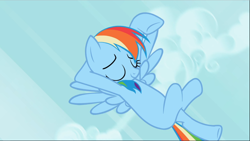 Size: 1668x940 | Tagged: safe, screencap, character:rainbow dash, species:pegasus, species:pony, episode:the mysterious mare do well, g4, my little pony: friendship is magic, crossed hooves, eyes closed, female, flying, hooves behind head, mare, missing cutie mark, smiling, solo, spread wings, waving, wings