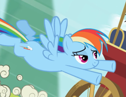 Size: 847x657 | Tagged: safe, screencap, character:rainbow dash, species:pegasus, species:pony, episode:the mysterious mare do well, g4, my little pony: friendship is magic, cropped, female, flying, lidded eyes, mare, smiling, smirk, solo, spread wings, underhoof, wings