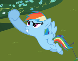 Size: 906x705 | Tagged: safe, screencap, character:rainbow dash, species:pegasus, species:pony, episode:the mysterious mare do well, g4, my little pony: friendship is magic, cropped, female, flying, hoof in air, hooves on hips, mare, pose, raised hoof, smiling, solo, spread wings, wings