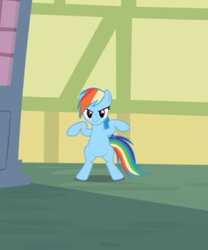 Size: 490x588 | Tagged: safe, screencap, character:rainbow dash, species:pegasus, species:pony, episode:the mysterious mare do well, g4, my little pony: friendship is magic, bipedal, cropped, female, mare, smiling, solo