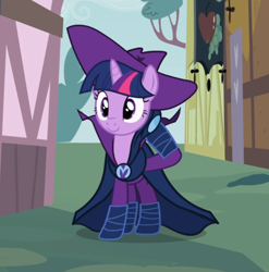 Size: 794x804 | Tagged: safe, screencap, character:mare do well, character:twilight sparkle, character:twilight sparkle (unicorn), species:pony, species:unicorn, episode:the mysterious mare do well, g4, my little pony: friendship is magic, cape, clothing, costume, cropped, female, hat, hooves behind head, mare, smiling, solo