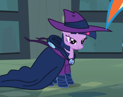 Size: 879x695 | Tagged: safe, screencap, character:mare do well, character:twilight sparkle, character:twilight sparkle (unicorn), species:pony, species:unicorn, episode:the mysterious mare do well, g4, my little pony: friendship is magic, cape, clothing, costume, cropped, female, hat, lidded eyes, smiling, solo focus