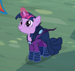 Size: 812x765 | Tagged: safe, screencap, character:mare do well, character:twilight sparkle, character:twilight sparkle (unicorn), species:pony, species:unicorn, episode:the mysterious mare do well, g4, my little pony: friendship is magic, cape, clothing, costume, cropped, female, glowing horn, smiling, solo
