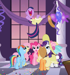 Size: 829x887 | Tagged: safe, screencap, character:applejack, character:fluttershy, character:pinkie pie, character:rainbow dash, character:rarity, character:twilight sparkle, character:twilight sparkle (unicorn), species:earth pony, species:pegasus, species:pony, species:unicorn, episode:sweet and elite, g4, my little pony: friendship is magic, balloon, clothing, confetti, cropped, dress, female, hat, looking up, mane six, mare, midair, nose in the air, open mouth, party, raised hoof, smiling, uvula