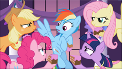 Size: 1668x940 | Tagged: safe, screencap, character:applejack, character:fluttershy, character:pinkie pie, character:rainbow dash, character:twilight sparkle, character:twilight sparkle (unicorn), species:earth pony, species:pegasus, species:pony, species:unicorn, episode:sweet and elite, g4, my little pony: friendship is magic, cake, clothing, dress, evil grin, female, flying, food, grin, hoof hold, looking at each other, mare, smiling, smirk