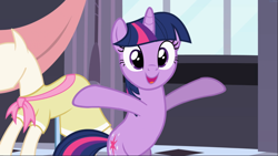 Size: 1667x939 | Tagged: safe, screencap, character:twilight sparkle, character:twilight sparkle (unicorn), species:pony, species:unicorn, episode:sweet and elite, g4, my little pony: friendship is magic, bipedal, cute, female, mare, open mouth, smiling, solo, spread hooves, twiabetes