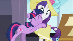 Size: 1667x939 | Tagged: safe, screencap, character:rarity, character:twilight sparkle, character:twilight sparkle (unicorn), species:pony, species:unicorn, episode:sweet and elite, g4, my little pony: friendship is magic, clothing, cute, dress, duo, eyes closed, female, flower, flower in hair, happy birthday, hat, hug, mare, smiling, surprised, twiabetes, unexpected