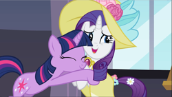 Size: 1667x939 | Tagged: safe, screencap, character:twilight sparkle, character:twilight sparkle (unicorn), species:pony, species:unicorn, episode:sweet and elite, g4, my little pony: friendship is magic, amulet, clothing, cute, cutie mark, dress, duo, eyes closed, female, flower, flower in hair, flower in tail, happy birthday, hat, hug, jewelry, looking to the left, mare, nervous grin, relieved, side glance, smiling, sun hat