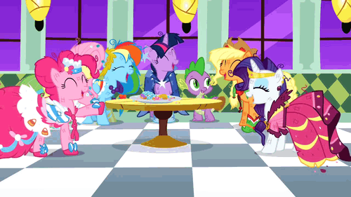 Size: 500x281 | Tagged: safe, screencap, character:applejack, character:fluttershy, character:pinkie pie, character:rainbow dash, character:rarity, character:spike, character:twilight sparkle, episode:the best night ever, g4, my little pony: friendship is magic, animated, clothing, dress, gala dress, gif, laughing, mane seven, mane six, messy mane, table