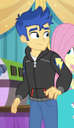 Size: 626x1077 | Tagged: safe, screencap, character:flash sentry, character:fluttershy, episode:best in show: the pre-show, g4, my little pony:equestria girls, clothing, cutie mark on clothes, female, hoodie, male, offscreen character, pants