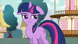 Size: 1668x939 | Tagged: safe, screencap, character:twilight sparkle, character:twilight sparkle (unicorn), species:pony, species:unicorn, episode:secret of my excess, g4, my little pony: friendship is magic, cropped, displeased, female, floppy ears, mare, narrowed eyes, ponyville, solo, town hall, twilight is not amused, unamused