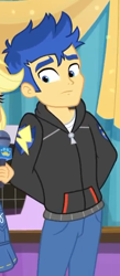 Size: 312x716 | Tagged: safe, screencap, character:applejack, character:flash sentry, episode:best in show: the pre-show, g4, my little pony:equestria girls, arm behind back, clothing, cropped, hoodie, male, offscreen character, pants