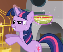 Size: 1000x834 | Tagged: safe, screencap, character:twilight sparkle, character:twilight sparkle (unicorn), species:pony, species:unicorn, episode:a bird in the hoof, g4, my little pony: friendship is magic, birdcage, cropped, evil grin, female, food, glowing horn, grin, levitation, magic, narrowed eyes, smiling, solo, soup, telekinesis