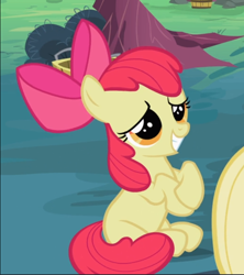 Size: 676x761 | Tagged: safe, screencap, character:apple bloom, species:earth pony, species:pony, episode:family appreciation day, g4, my little pony: friendship is magic, cropped, female, filly, hooves together, hopeful, offscreen character, sitting, smiling, solo, solo focus
