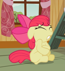 Size: 713x785 | Tagged: safe, screencap, character:apple bloom, species:earth pony, species:pony, episode:family appreciation day, g4, my little pony: friendship is magic, bow, cropped, eyes closed, female, filly, floppy ears, hair bow, sick, sitting, solo