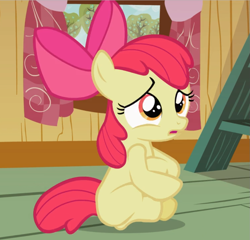 Size: 979x938 | Tagged: safe, screencap, character:apple bloom, species:earth pony, species:pony, episode:family appreciation day, g4, my little pony: friendship is magic, bow, cropped, female, fetal position, filly, hair bow, open mouth, sitting, solo, worried