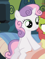 Size: 681x893 | Tagged: safe, screencap, character:apple bloom, character:sweetie belle, species:earth pony, species:pony, species:unicorn, episode:family appreciation day, g4, my little pony: friendship is magic, bed, cropped, female, filly, offscreen character, sitting, smiling, solo focus