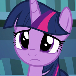 Size: 580x580 | Tagged: safe, screencap, character:twilight sparkle, character:twilight sparkle (alicorn), species:alicorn, species:pony, episode:a rockhoof and a hard place, g4, my little pony: friendship is magic, bookcase, bust, cropped, cute, female, frown, lidded eyes, looking at you, mare, sad, sadorable, solo, twiabetes