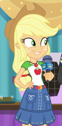 Size: 494x1006 | Tagged: safe, screencap, character:applejack, character:flash sentry, episode:best in show: the pre-show, g4, my little pony:equestria girls, applejack's hat, belt, clothing, cowboy hat, cropped, cute, denim skirt, female, freckles, geode of super strength, hat, magical geodes, microphone, offscreen character, skirt, smiling, stetson