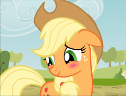 Size: 1230x939 | Tagged: safe, screencap, character:applejack, species:earth pony, species:pony, episode:the last roundup, g4, my little pony: friendship is magic, appleblush, applejack's hat, blushing, clothing, cowboy hat, cropped, cute, cutie mark, female, flattered, floppy ears, freckles, hat, jackabetes, looking down, mare, smiling, solo, stetson