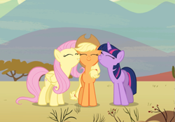 Size: 1113x774 | Tagged: safe, screencap, character:applejack, character:fluttershy, character:twilight sparkle, character:twilight sparkle (unicorn), species:earth pony, species:pegasus, species:pony, species:unicorn, episode:the last roundup, g4, my little pony: friendship is magic, cropped, cute, eyes closed, female, jackabetes, mare, nuzzling, shyabetes, smiling, trio, twiabetes