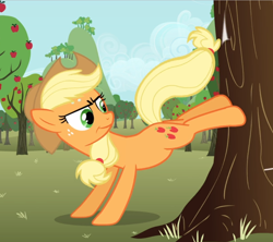 Size: 1052x936 | Tagged: safe, screencap, character:applejack, species:earth pony, species:pony, episode:the super speedy cider squeezy 6000, g4, my little pony: friendship is magic, apple tree, bucking, cropped, determined, female, freckles, looking back, mare, smiling, solo, sweat, tree