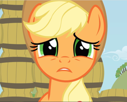 Size: 1164x941 | Tagged: safe, screencap, character:applejack, species:earth pony, species:pony, episode:the super speedy cider squeezy 6000, g4, my little pony: friendship is magic, barrel, close-up, cropped, female, mare, sad, sad eyes, solo