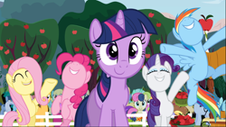 Size: 1668x939 | Tagged: safe, screencap, character:bon bon, character:fluttershy, character:lyra heartstrings, character:pinkie pie, character:rainbow dash, character:rarity, character:sweetie drops, character:twilight sparkle, character:twilight sparkle (unicorn), species:earth pony, species:pegasus, species:pony, species:unicorn, episode:the super speedy cider squeezy 6000, g4, my little pony: friendship is magic, apple tree, cheering, cute, eyes closed, female, flying, mare, nose in the air, smiling, tree, twiabetes