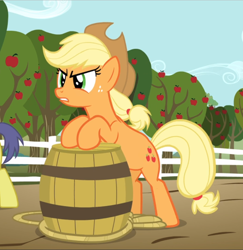 Size: 914x939 | Tagged: safe, screencap, character:applejack, species:earth pony, species:pony, episode:the super speedy cider squeezy 6000, g4, my little pony: friendship is magic, angry, apple tree, barrel, bipedal, bipedal leaning, cropped, female, freckles, leaning, mare, offscreen character, rope, solo focus, tree