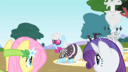 Size: 1280x720 | Tagged: safe, screencap, character:fluttershy, character:photo finish, character:rarity, species:earth pony, species:pegasus, species:pony, species:unicorn, episode:green isn't your color, g4, my little pony: friendship is magic, animated, da magics, de magicks, female, fountain, large ham, mare, sound, webm, zoom