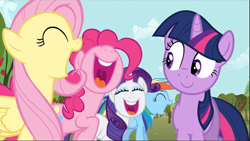 Size: 1669x940 | Tagged: safe, screencap, character:fluttershy, character:pinkie pie, character:rainbow dash, character:rarity, character:twilight sparkle, character:twilight sparkle (unicorn), species:earth pony, species:pegasus, species:pony, species:unicorn, episode:the super speedy cider squeezy 6000, g4, my little pony: friendship is magic, apple tree, cheering, female, group, line-up, mane five, mare, open mouth, smiling, tree