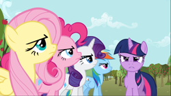 Size: 1668x938 | Tagged: safe, screencap, character:fluttershy, character:pinkie pie, character:rainbow dash, character:rarity, character:twilight sparkle, character:twilight sparkle (unicorn), species:earth pony, species:pegasus, species:pony, species:unicorn, episode:the super speedy cider squeezy 6000, g4, my little pony: friendship is magic, apple tree, female, group, line-up, mane five, mare, narrowed eyes, serious, serious face, tree